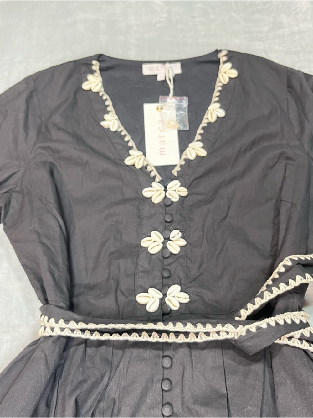 Marea Solana Dress Batik Black Cotton Shell Trim Belted Boho Mini Size S NWT - Picture 5 of 13
